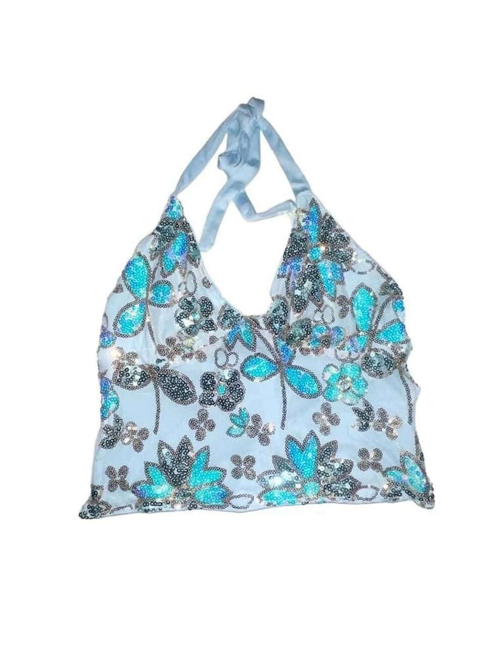 SHEIN Light Blue Floral Sequin Halter Neck Cami Top